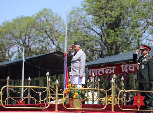 गणतन्त्र दिवसमा सैनिक मञ्चमा विशेष समारोह, राष्ट्रपति रामचन्द्र पौडेल सम्बोधन गर्नुहुँदै